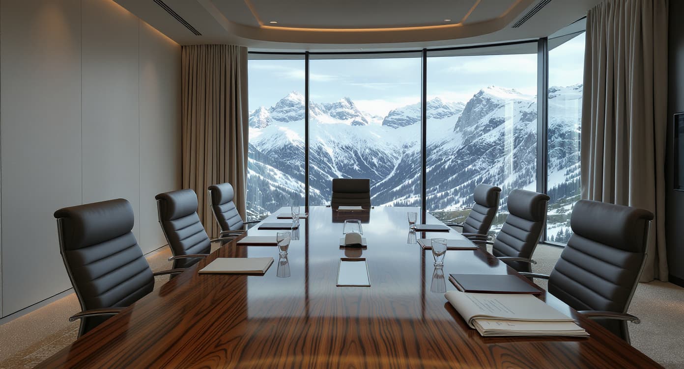 Swiss family office boardroom with Alpine view through glass windows