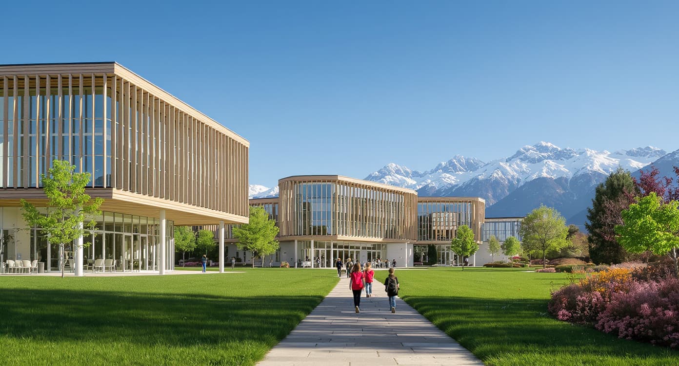 Swiss international school campus with Alps in the background