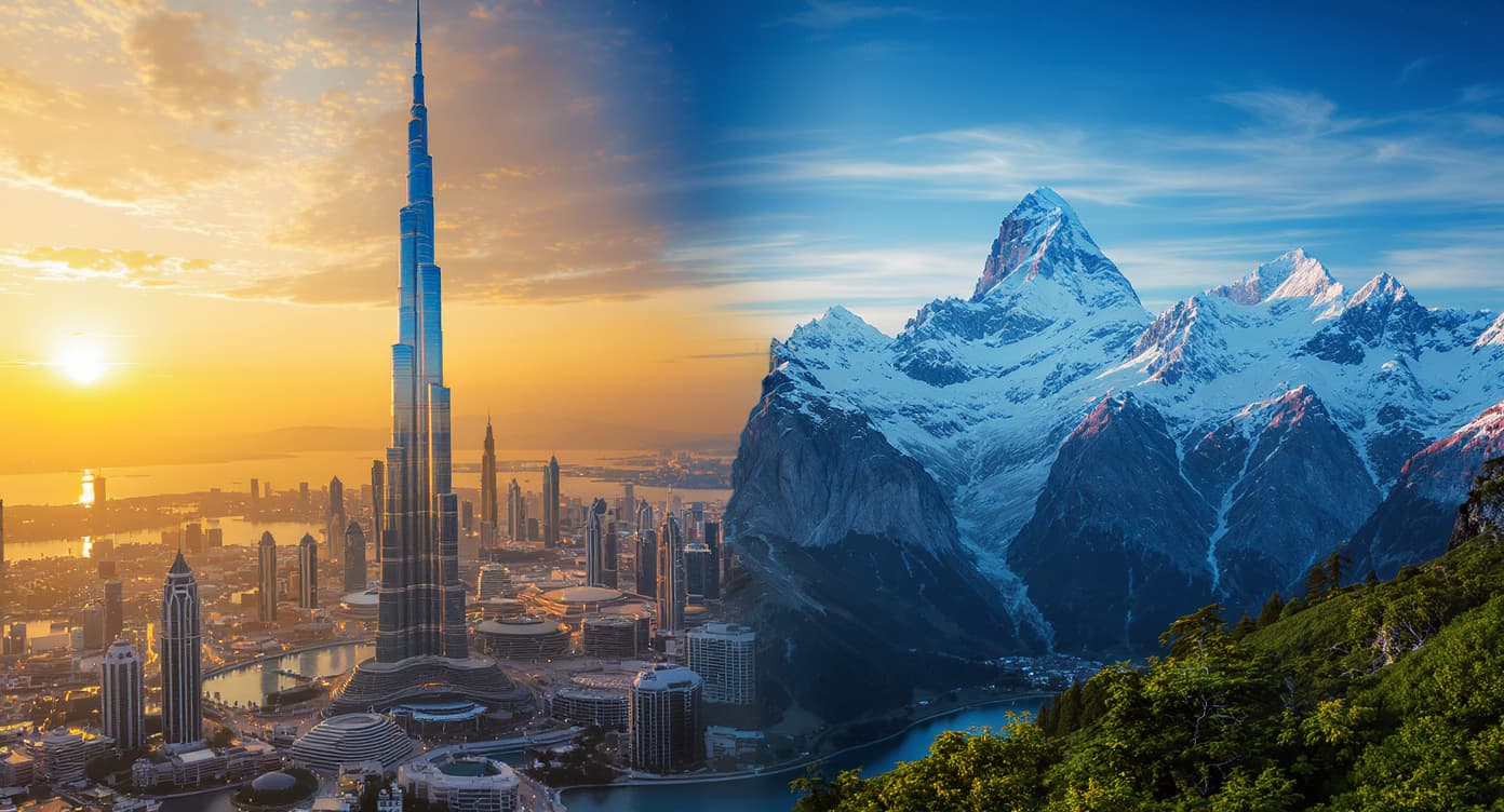 Dubai skyline transitioning to Swiss Alps in cinematic split composition