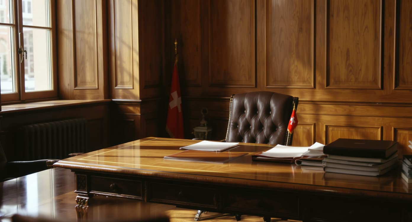 Swiss cantonal tax office interior with official documents on a walnut desk