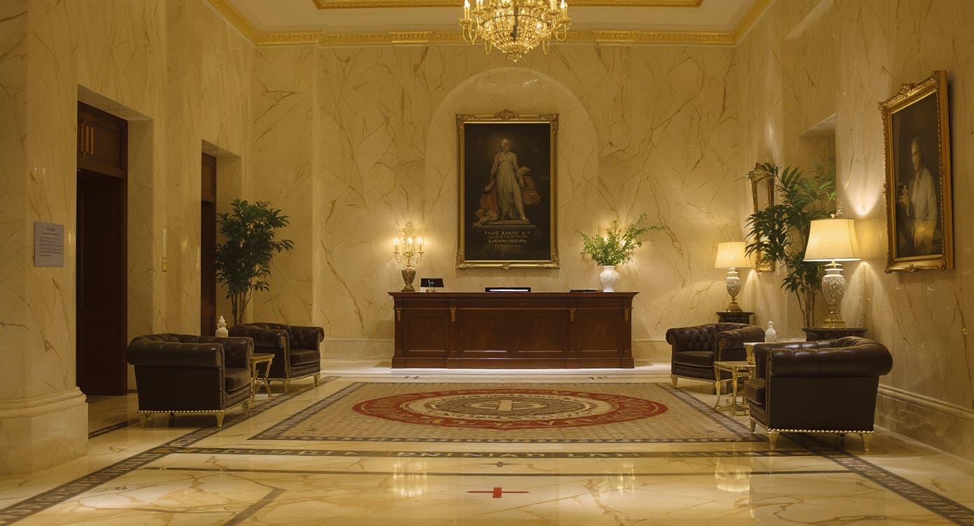Swiss private bank interior lobby with marble floors and brass signage