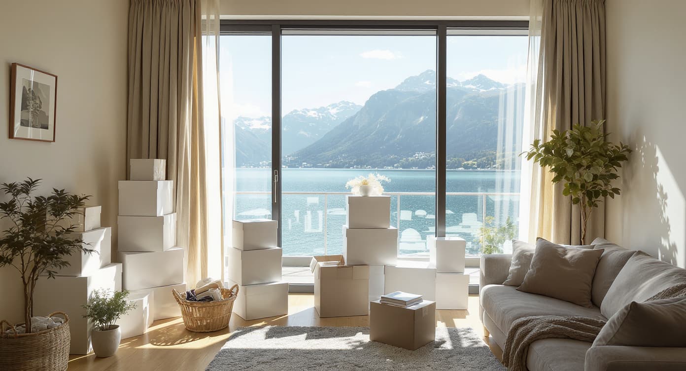 Moving boxes in an upscale Swiss apartment with lake view