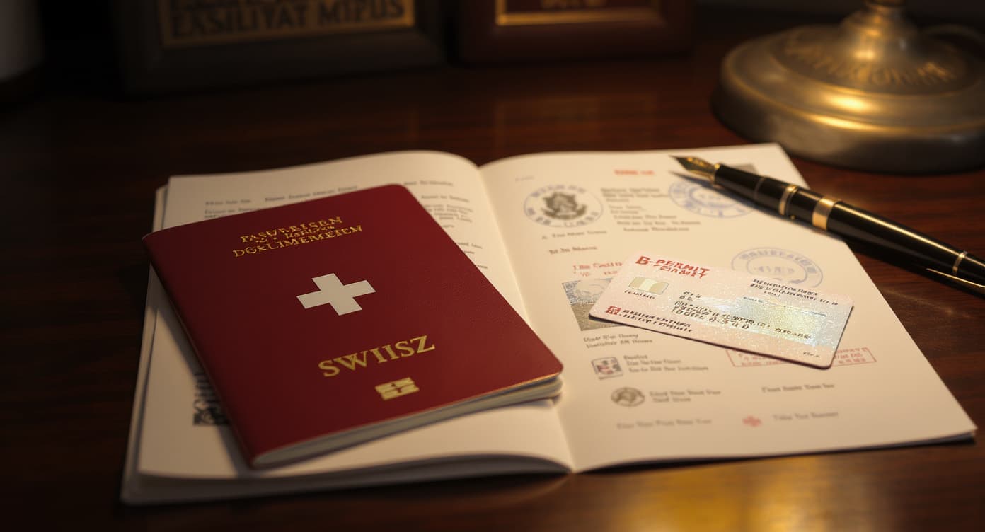 Swiss passport and B-permit documents on a dark wood desk