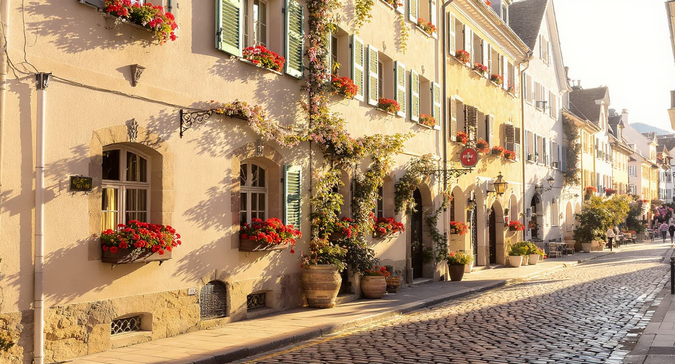 Sunlit façades with shutters and flower boxes along a cobbled street